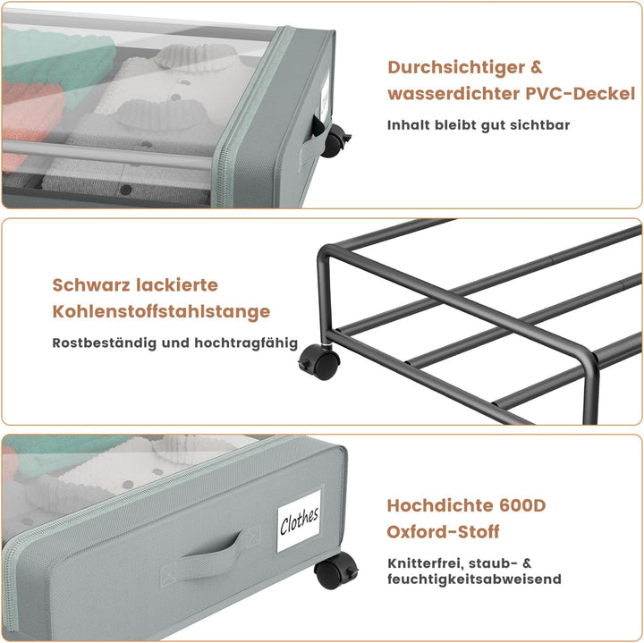 PHINOX Unterbett-Aufbewahrungsbox mit Rollen,2 Stück (74x42x16cm) - Graue Aufbewahrungsbox mit Klars