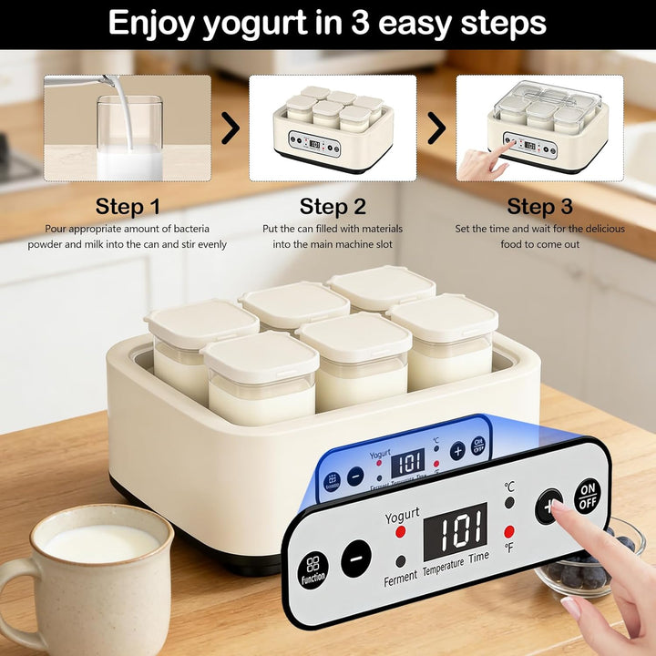 Joghurtbereiter, 1,6 L Joghurt Maschine mit 6 Stück 250 ML Gläsern Joghurtmaschine mit Zeiteinstellu