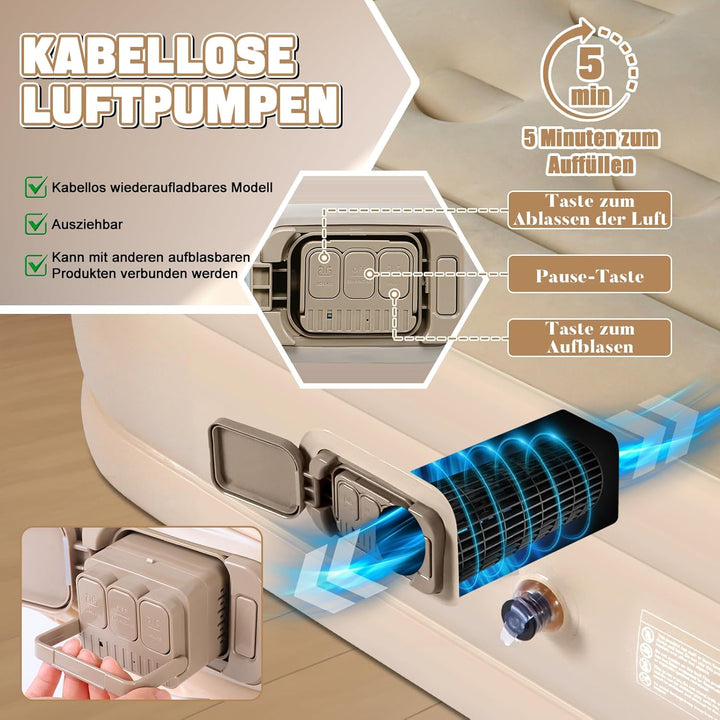Luftmatratze 2 Personen, Luftbett 2 Personen 200 x 154 x 43cm, Luftmatratze Selbstaufblasend mit Int
