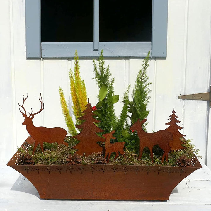 Gartenstecker Deko Rehe und Hirsche mit 2 Tannen in Rostpotik 5er Set - Weihnachtsdeko zum Basteln -