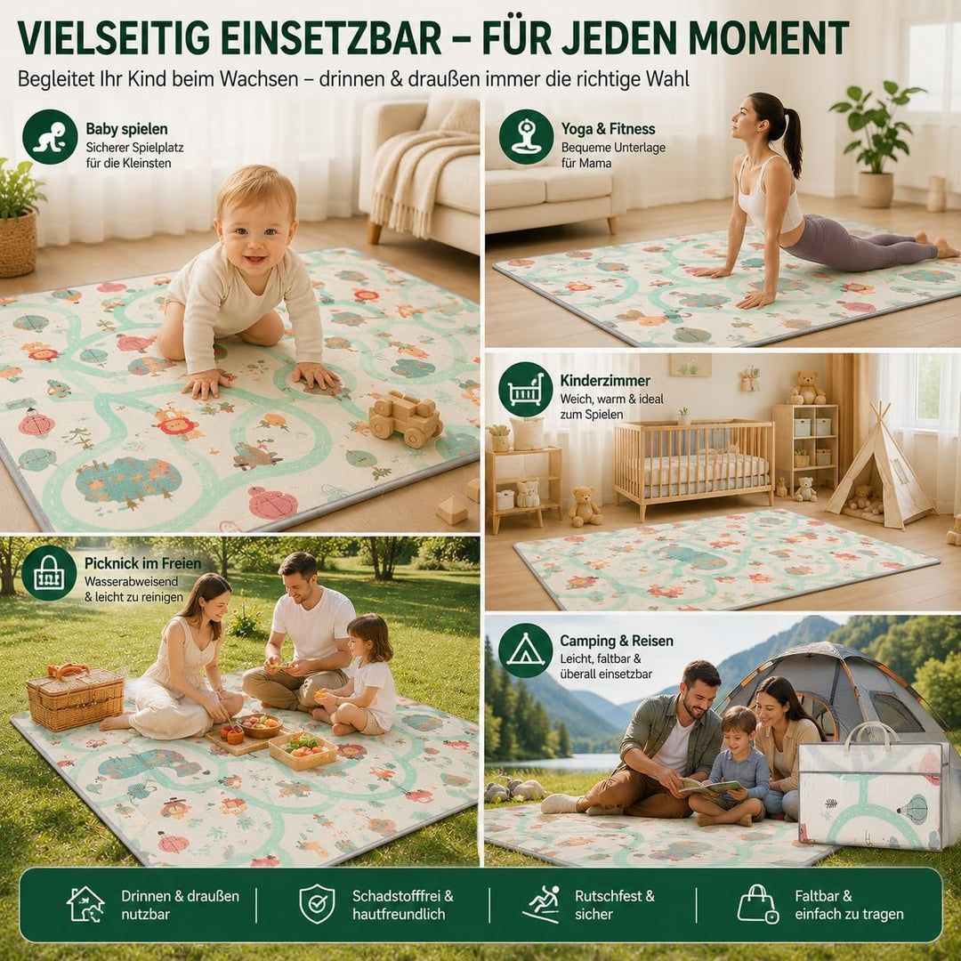 Krabbelmatte Baby 180x200 cm, Faltbare Spielmatte 1.0 cm Dick XPE, Weich & Rutschfest, Wasserdicht A