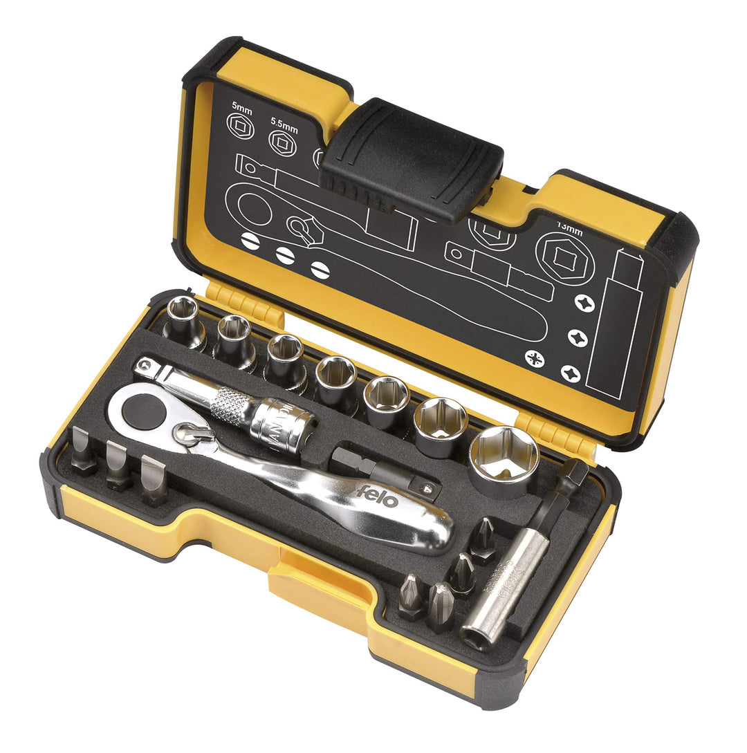 Felo Werkzeugsatz XS 18 1/4' mit Miniratsche, Bits, Steckschlüsseleinsätzen und Zubehör, 18-tlg