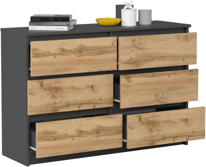 VBChome Kommode mit 6 Schubladen, Anthrazit-Artisan, 120 x 39 x 81 cm, Grifflose Holz-Schubladenkomm