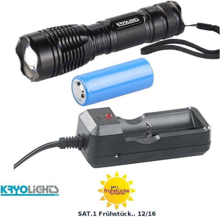 KryoLights aufladbare Taschenlampe: LED-Taschenlampe TRC-144.a mit Akku und Ladegerät, 1.000 lm, IP4