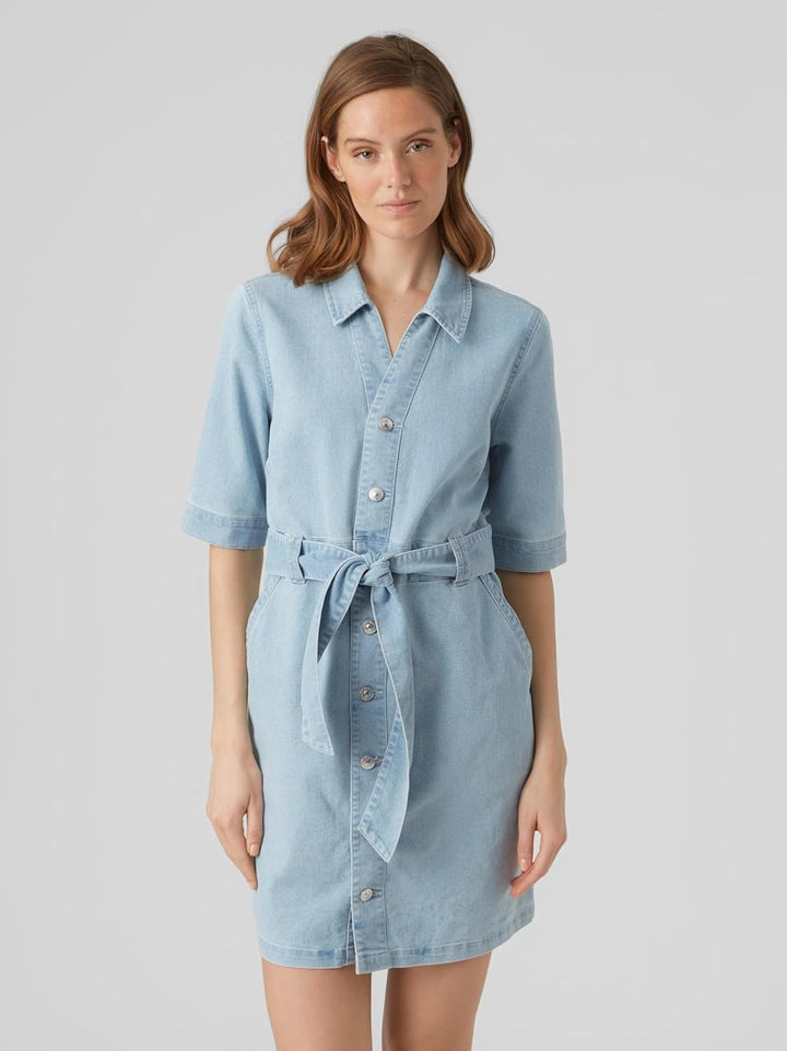 VERO MODA Damen Vmcali Ss Denim Button Dress Kleid M Light Blue Denim, M Light Blue Denim