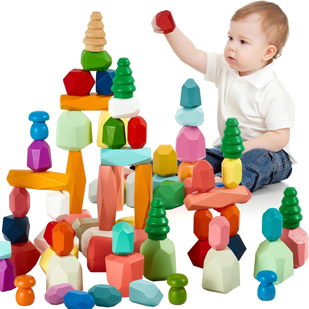 RunHero 58 Stück Stapelsteine Balanciersteine Montessori Holz Bauklötze Spielzeug für Kinder Stapelt