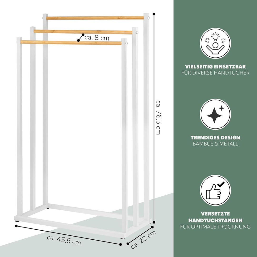 eluno Stand-Handtuchhalter freistehend, 3 Stangen, Handtuchständer, Bambus (weiss), Weiss