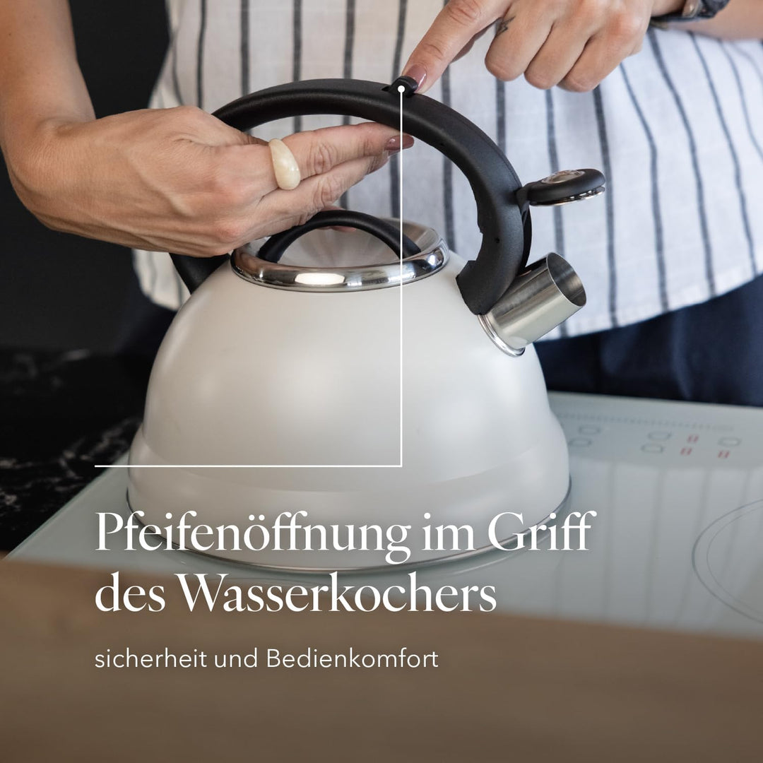 FLORINA Wasserkessel (2,5 l) | Edelstahl Teekessel JACOB | Flötenkessel mit Bakelit Griff & Pfeifton