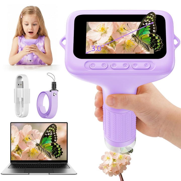 Digitales Mikroskop für Kinder 1000x Vergrösserung, Tragbares Mikroskop Kinder mit 3,0 Zoll HD Bilds