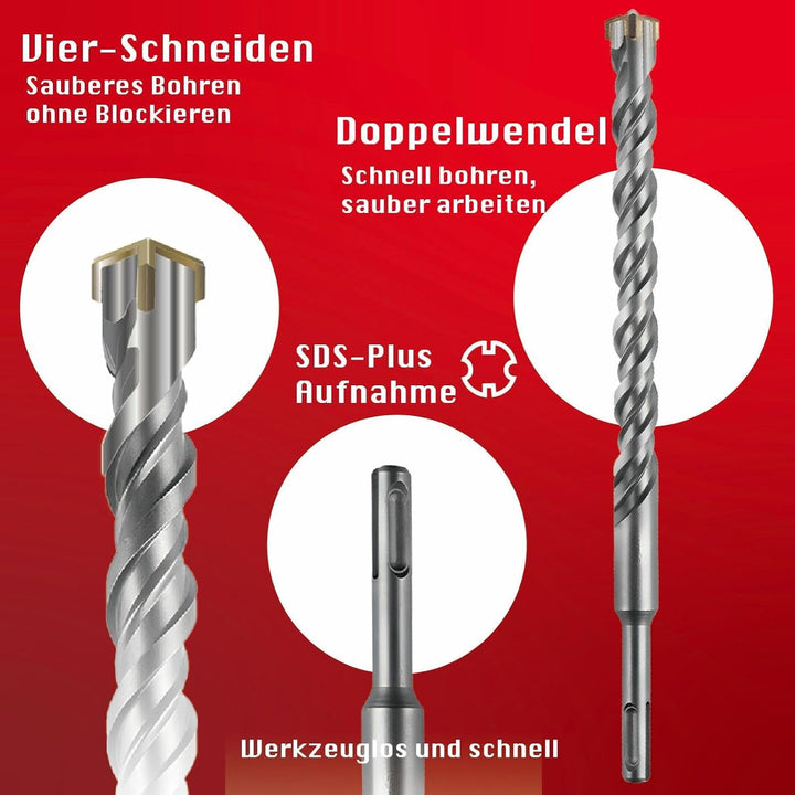 SDS Plus Bohrer Set: Betonbohrer Kreuzschneide | Grössen Ø 6, 8, 10 mm | Länge 110–260 mm | Hartmeta