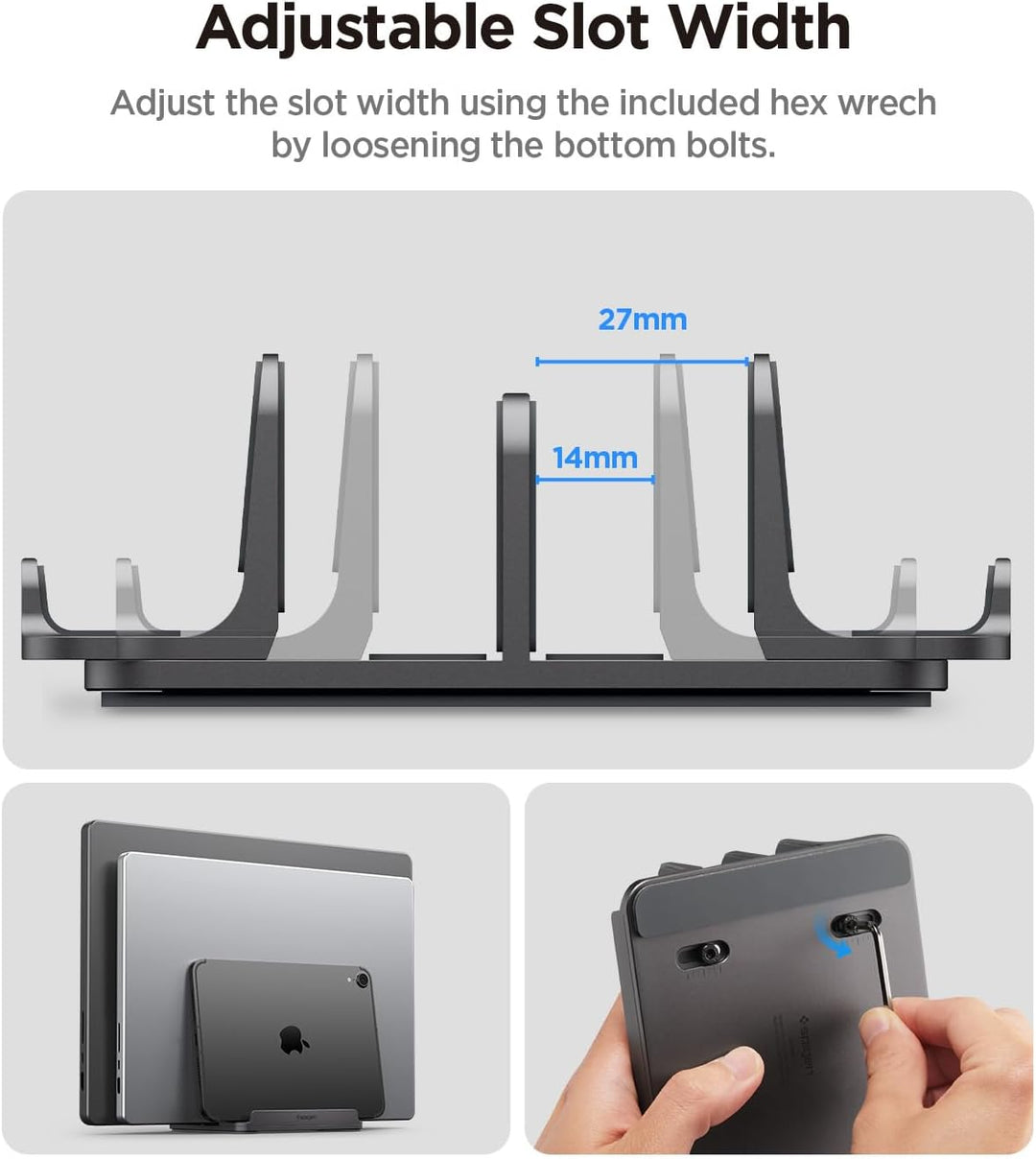 Spigen Vertikaler Laptop-Ständer – 4-in-1 Schreibtisch-Organizer mit verstellbaren Slots (14–22 mm),