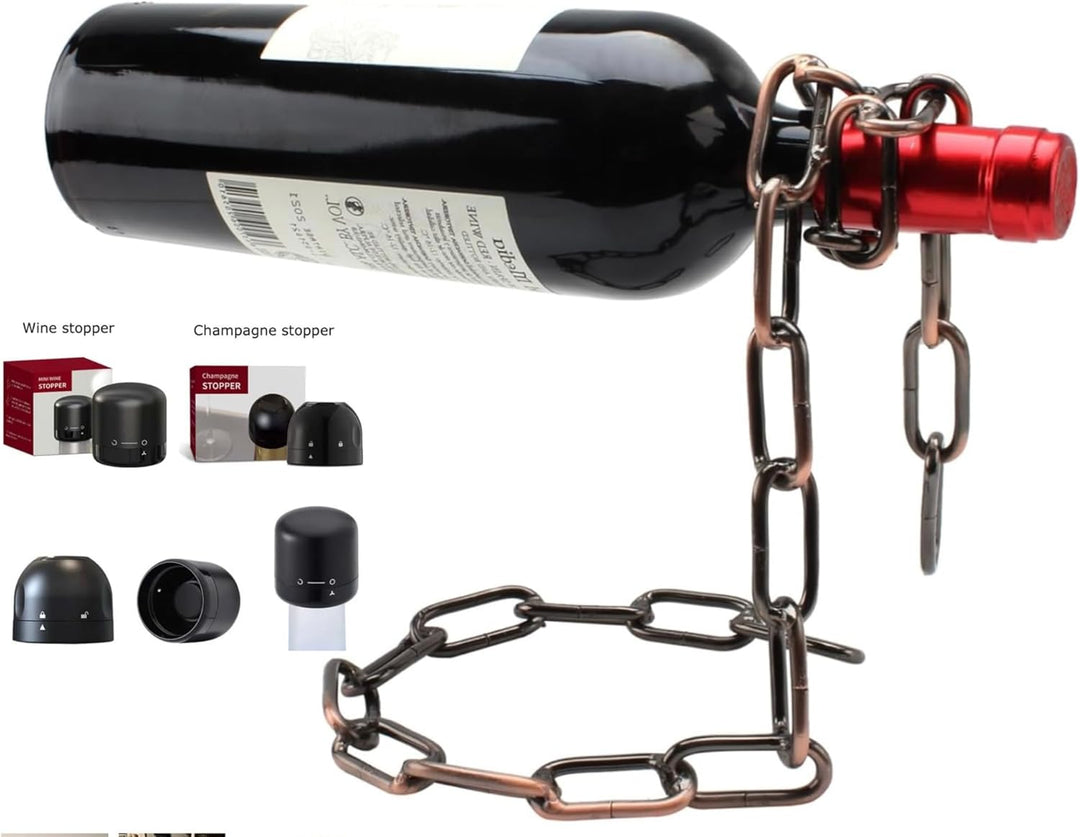 Weinflaschenhalter Kette schwebend inkl. Wein und Sektstopper - Magischer Design Weinhalter aus hoch