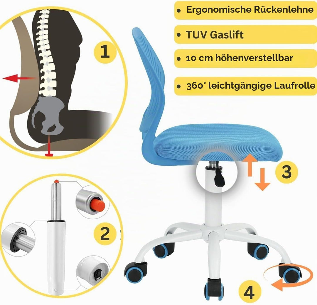 FurnitureR 2X Höhenverstellbarer Drehstuhl - Ergonomischer Schreibtischstuhl für Kinder/Jugendliche,