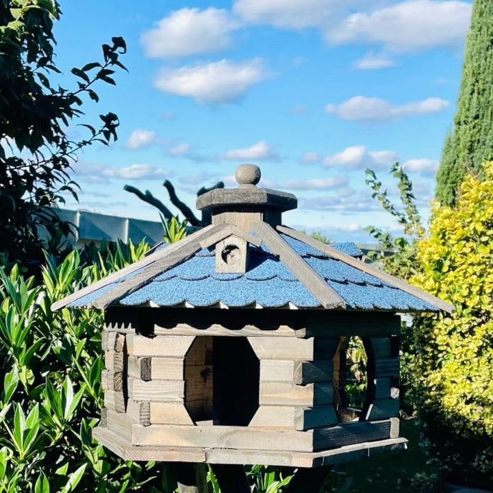 handgefertigtes Vogelfutterhaus XL Sechseck Holz Vogelhaus Futterstelle Braun/Blau XL ohne Ständer D