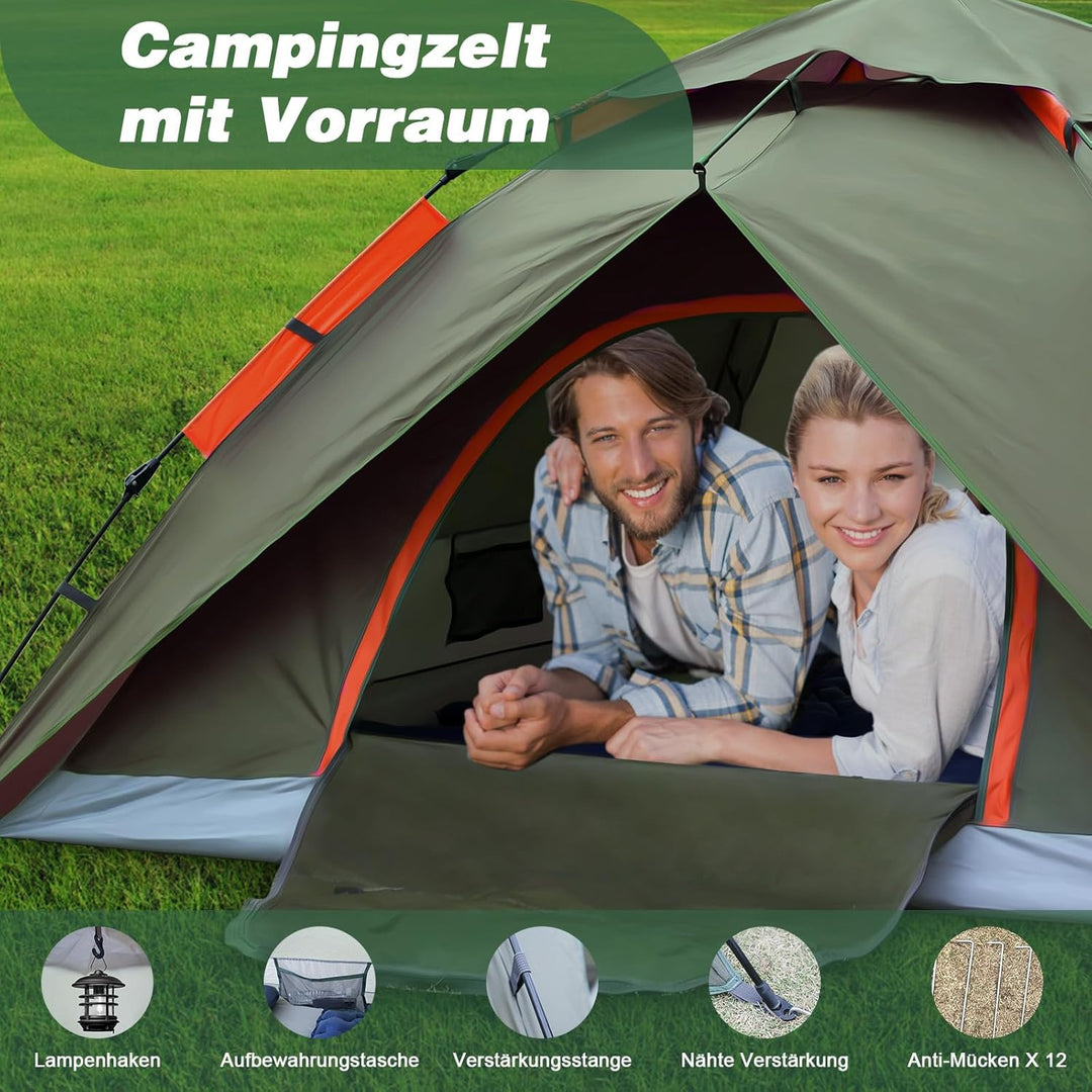 Pop Up Zelt, Camping Zelt Automatisches 2-4 Mann Personen Kuppelzelt 4 Jahreszeiten Wasserdicht Wind