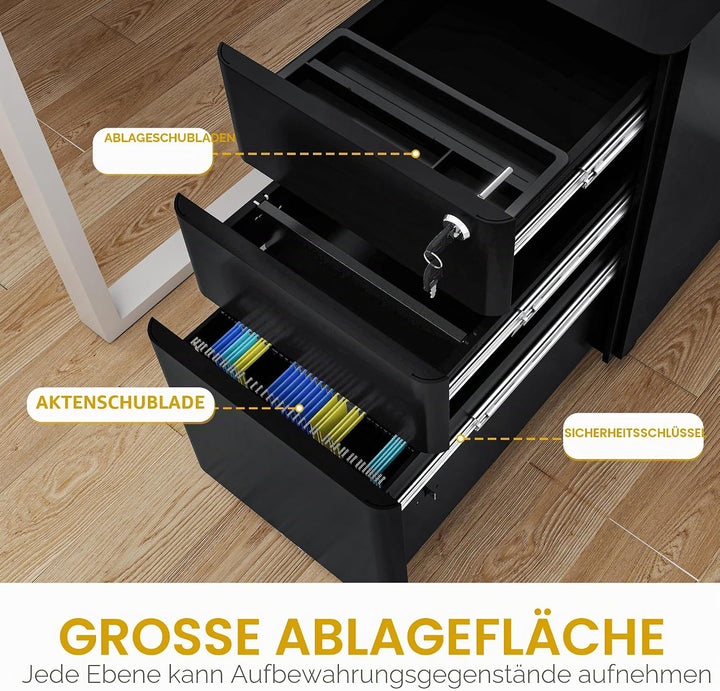 Abschliessbarer Aktenschrank mit 3 Schubladen, Büroschubladen mit Schlüsseln, kompakter, schlanker,