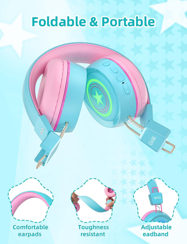 riyo Bluetooth Kopfhörer Kinder, Kinderkopfhörer Kabellos mit LED-Leuchten Bluetooth 5.0 Kinder Kopf