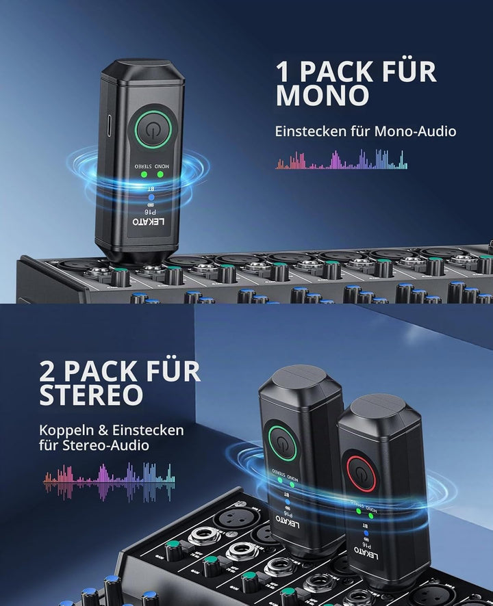 LEKATO P16 Bluetooth XLR Empfänger, Mono/Stereo Audio Receiver mit 15H Laufzeit für PA-, DJ-Systeme