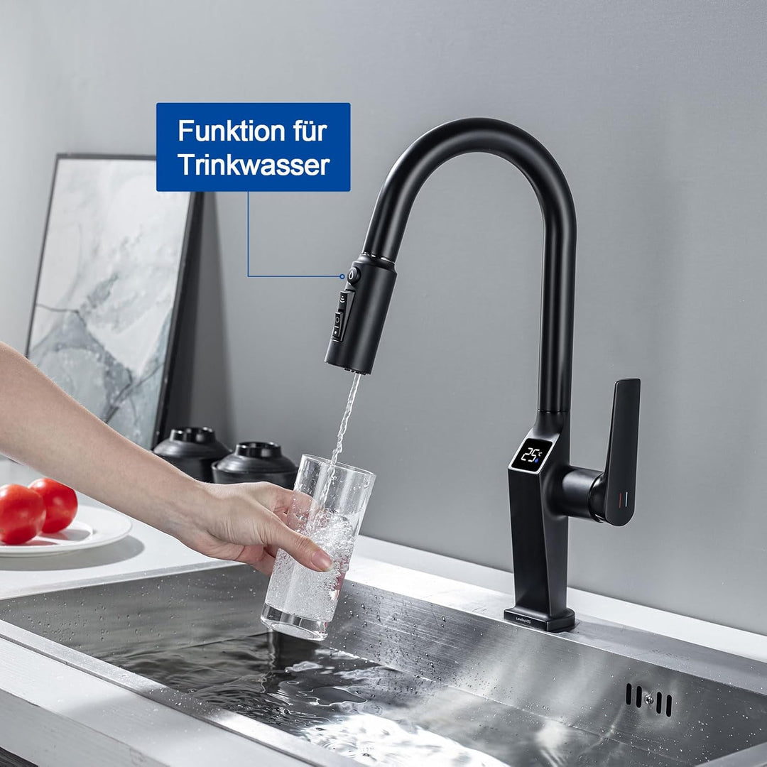 3 Wege Wasserhahn Küche Mit Ausziehbar,Mit LED-Temperaturanzeige,3 in 1 Mischbatterie für Wasserfilt