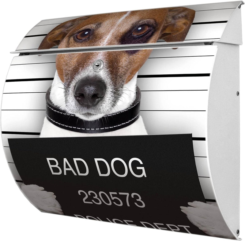 banjado® Burgwächter® Briefkasten weiss aus Stahl mit Motiv Bad Dog J. Russel/Briefkasten ohne Zeitu