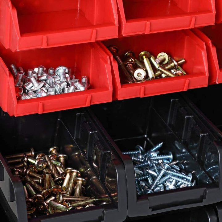 ORDER Werkstatt Wandregal-Set, 30 Stapelboxen in Rot/Schwarz, Hängeorganizer mit Sortierboxen, 64x2x