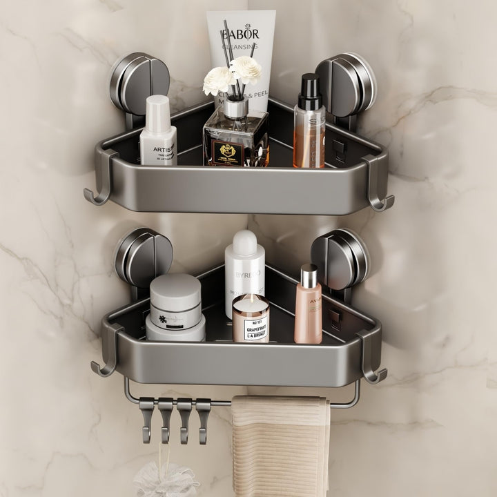 Duschablage Ohne Bohren, Duschregal Ecke Saugnapf Badezimmer Regal Wand Duschkorb mit Handtuchhalter