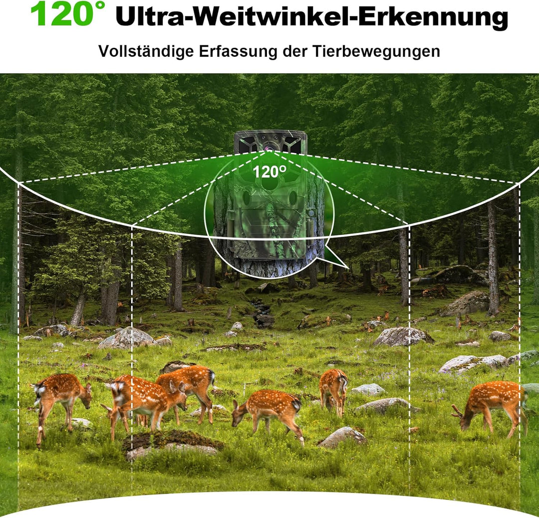 Wildkamera mit Handyübertragung App, 5K Video 60MP Full HD WLAN Bluetooth Wildtierkamera Nachtsicht