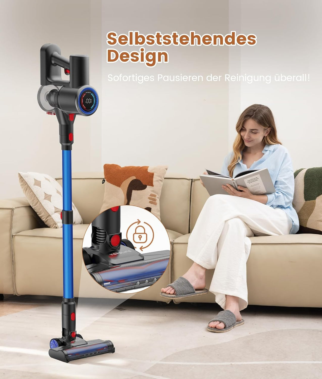 VersLife Akku Staubsauger 500W/45 Min/40kPa, Staubsauger Kabellos Selbstladender mit Smart LED-Displ