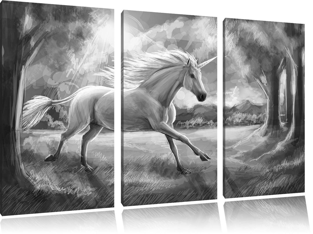 Pixxprint Einhorn im Wald bei Sonnenuntergang Kunst B&W 3-Teiler Leinwandbild 120x80 Bild auf Leinwa