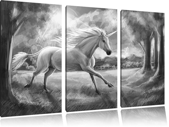 Pixxprint Einhorn im Wald bei Sonnenuntergang Kunst B&W 3-Teiler Leinwandbild 120x80 Bild auf Leinwa