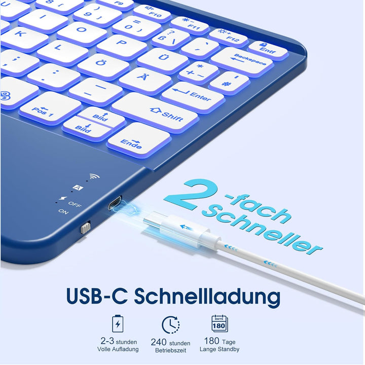 Vobafe Bluetooth Tastatur mit Touchpad, Kabellose 7-farbiges Backlight QWERTZ Tablet Keyboard, Trale
