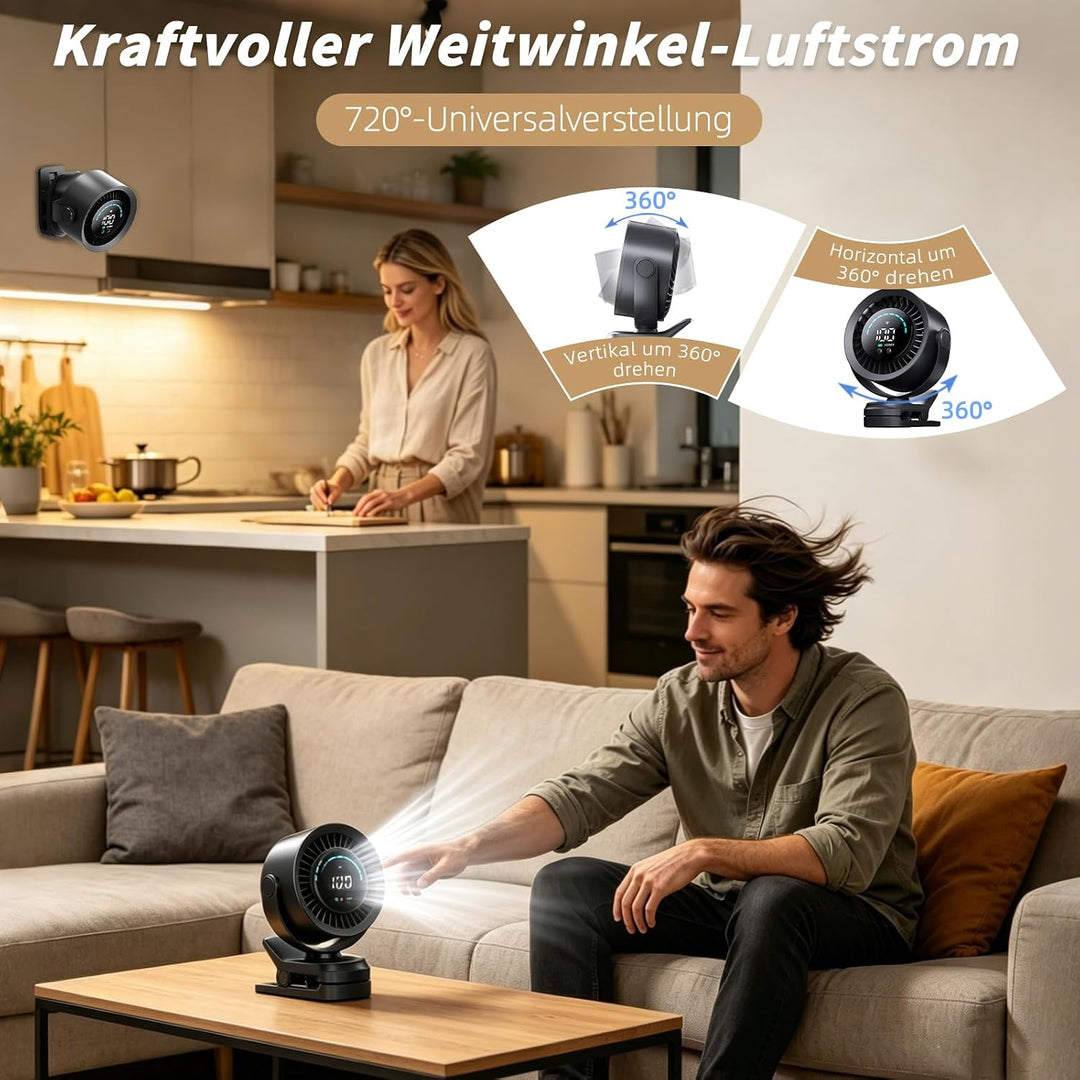 Clip Ventilator, Tragbarer Tischventilator Akku, 5 Geschwindigkeiten Leise Ventilator mit LED Displa
