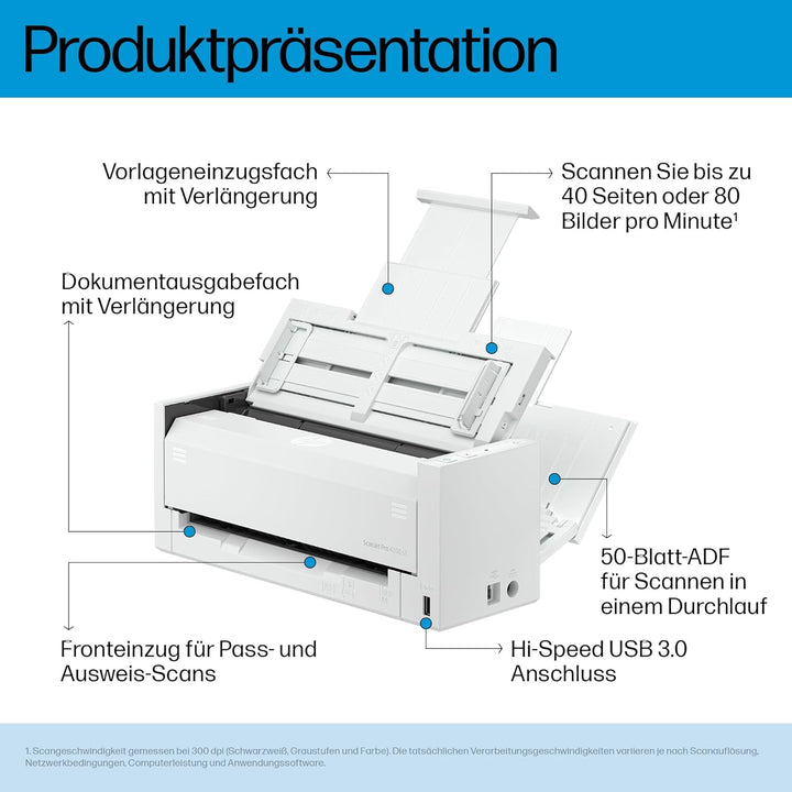 HP ScanJet Pro 4200 s1, Scanner, ADF für bis zu 50 Blatt, USB 3.0, bis zu 4.500 Seiten täglich, auto