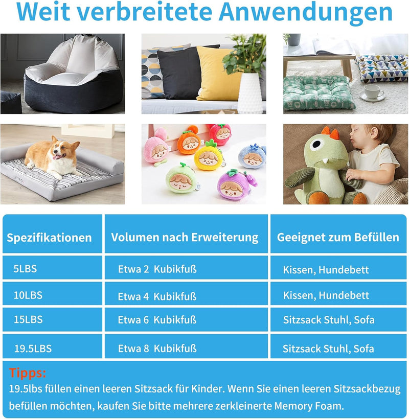 2.2KG Memory-Schaumstofffüllung für Sitzsackfüller, Kissen Stuhl Kissen Hundebett Nachfüllung, ohne