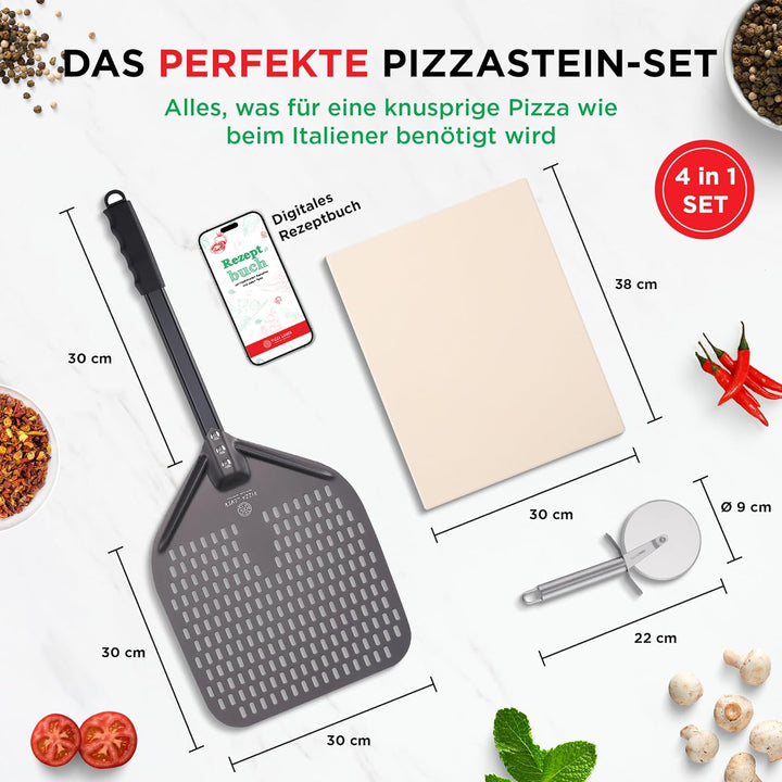 Pizza Lover Premium Pizzastein-Set für Backofen & Grill – 4in1 – inkl. perforiertem Pizzaschieber (h