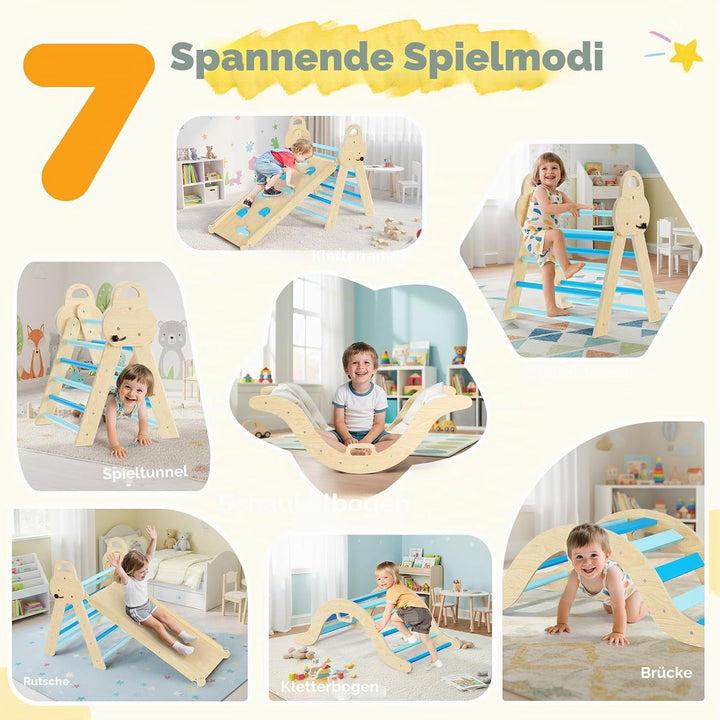 7-in-1 Montessori Klettergerüst Indoor, Kletterdreieck mit Rutsche &amp; Kletterbogen, stabiles Holzklet