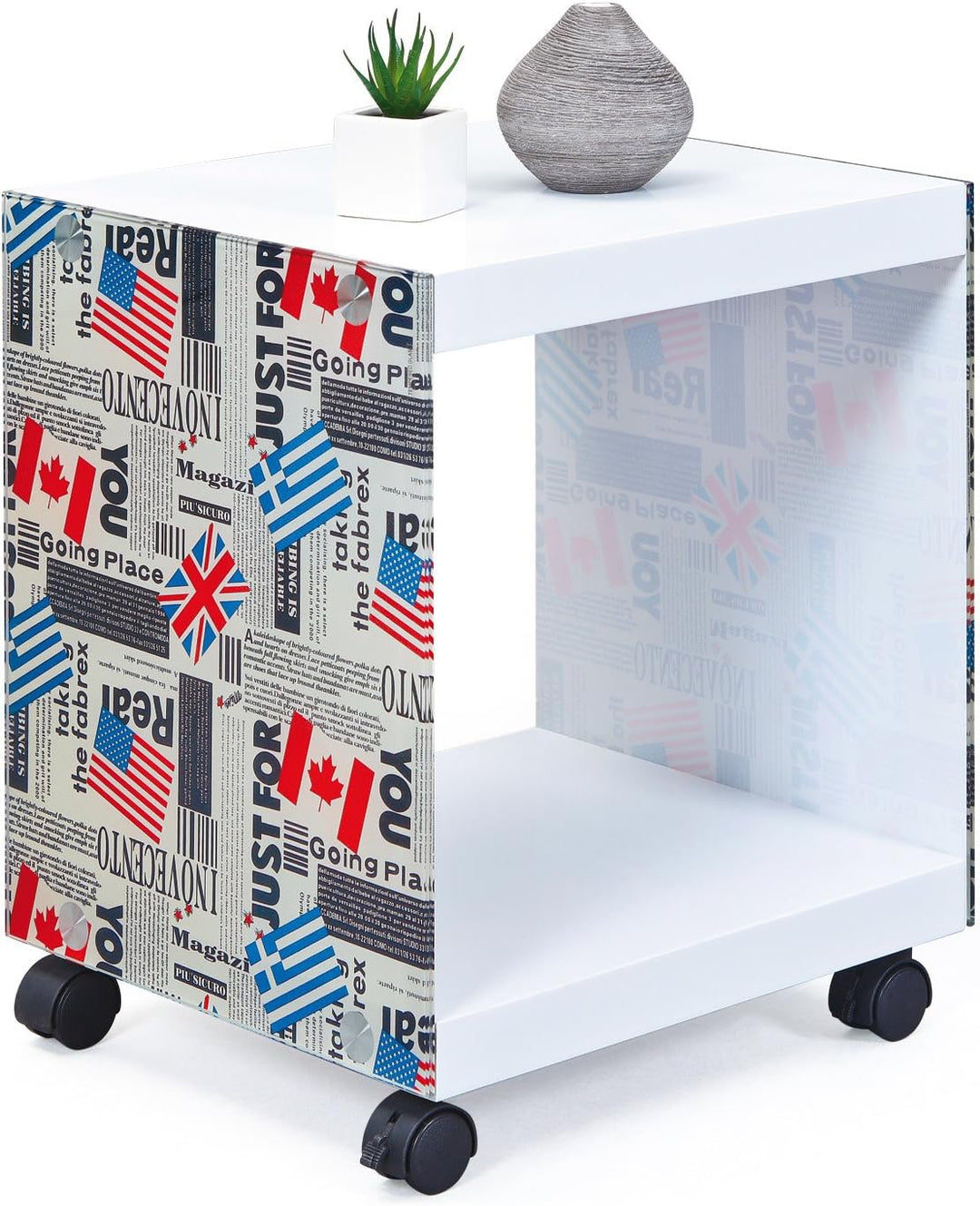 Weiss lackierter Couchtisch / Nachttisch mit Rollen Weiss / Flag, Weiss / Flag