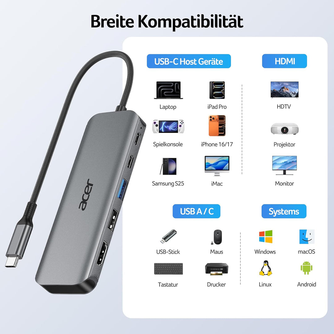 acer USB C Hub 5-in-1, 4K@60Hz USB C auf HDMI Adapter, USB-A+USB-C 5 Gbps Datenport, PD 100W, Multip