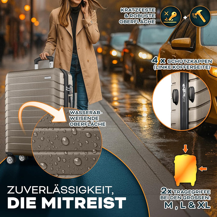 tillvex® Reisekoffer Set 3-TLG. + Gepäckwaage, 6X Koffergurte & 3X Kofferanhänger | Kofferset 4 Roll