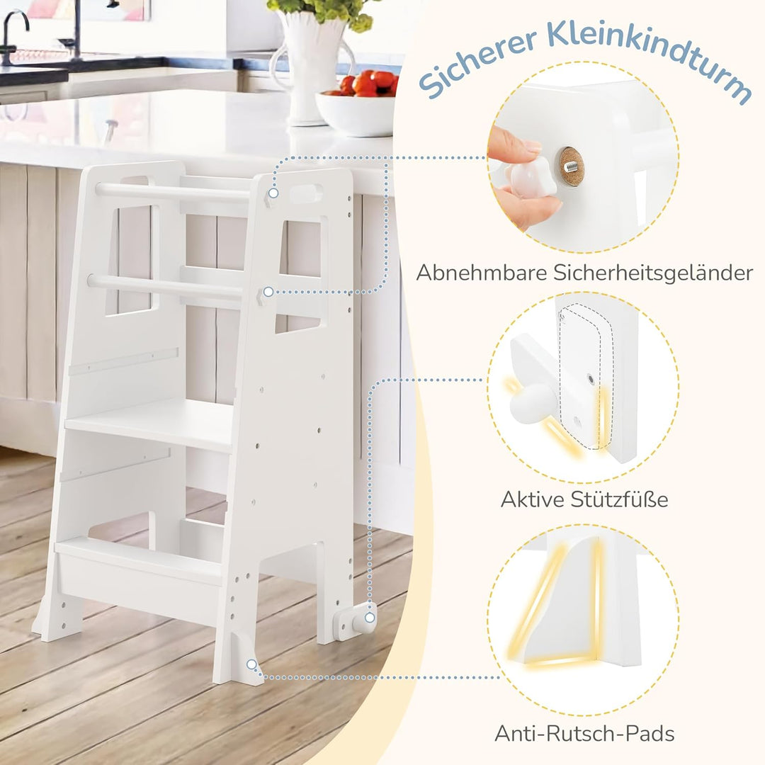 LUE BONA Lernturm für ab 1 Jahr,Kinderküchen Tritthocker mit Sicherheitsschienen,höhenverstellbarer