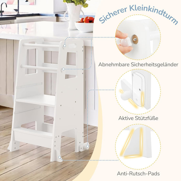 LUE BONA Lernturm für ab 1 Jahr,Kinderküchen Tritthocker mit Sicherheitsschienen,höhenverstellbarer