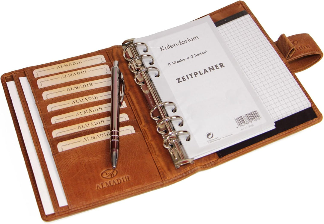 ALMADIH echt Leder A6 Terminplaner mit Kalender 2026 + Notizblock - braun deluxe Ledermappe Mappe Sc