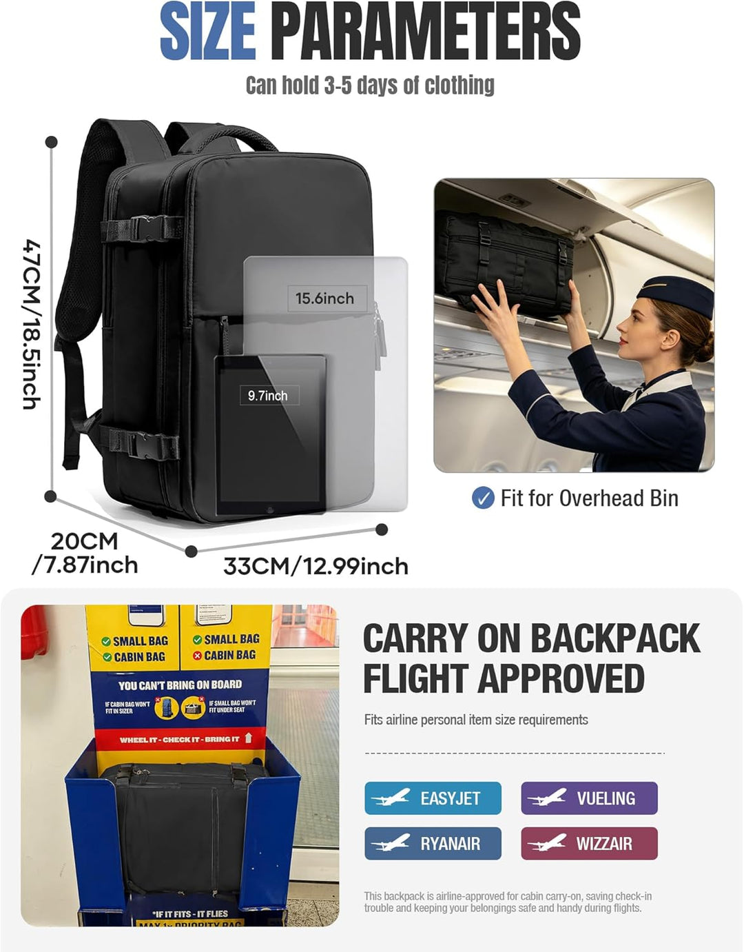 BJLFS Vakuum Rucksack 40x30x20 Handgepäck mit pumpe Reiserucksack Handgepäck Flugzeug Ryanair 40x20x