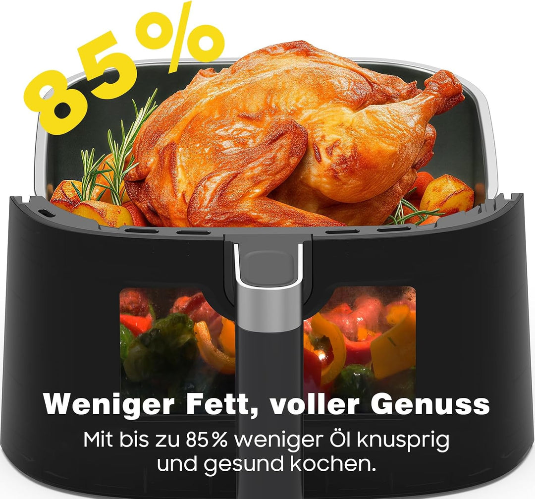 Airfryer 6L, Heissluftfritteuse mit 9 Programmen, Heissluftfriteuse mit Digitales Display, Sichtfens