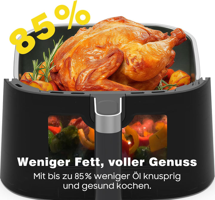 Airfryer 6L, Heissluftfritteuse mit 9 Programmen, Heissluftfriteuse mit Digitales Display, Sichtfens