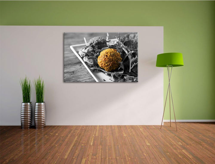 Fleischbällchen Salat schwarz/weiss Format: 100x70 cm auf Leinwand, XXL riesige Bilder fertig gerahm