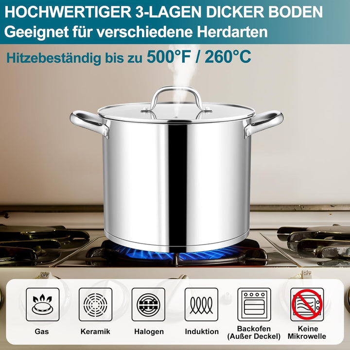Homikit 9,4L Kochtopf, Edeastahl Topf Nudeltopf Induktion mit Glasdeckel, Suppentopf Fleischtopf aus
