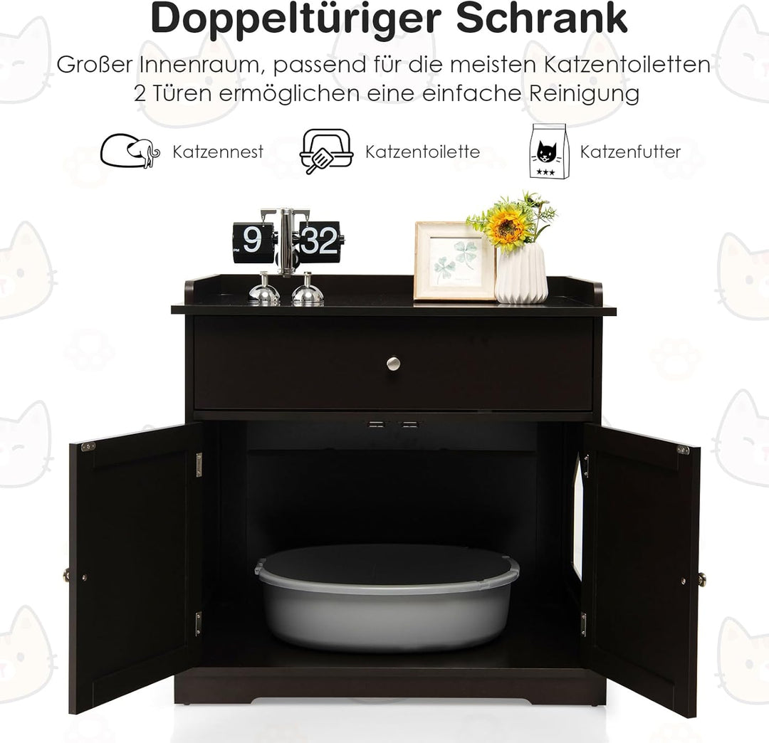 COSTWAY Katzenschrank mit Schublade & Tür & Eingang, 3-in-1 Katzenhaus Katzentoilette Beistelltisch,