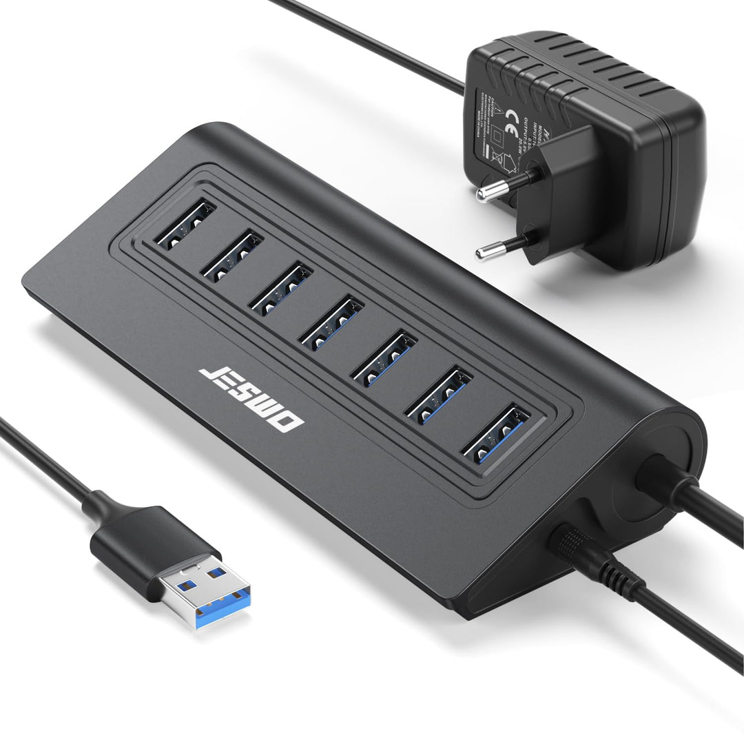 USB HUB mit Netzteil, JESWO 7-Port USB 3.0 Hub, Aluminium USB Verteiler Datenhub mit 100cm Kabel, US