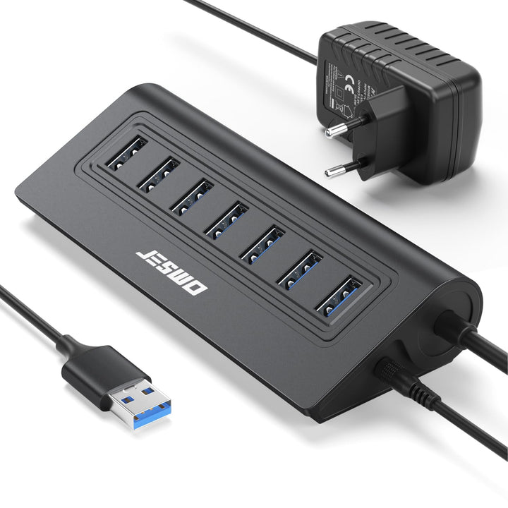 USB HUB mit Netzteil, JESWO 7-Port USB 3.0 Hub, Aluminium USB Verteiler Datenhub mit 100cm Kabel, US